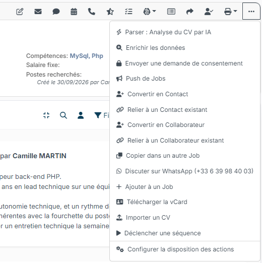 Candidate record menu with the Discuss on WhatsApp action