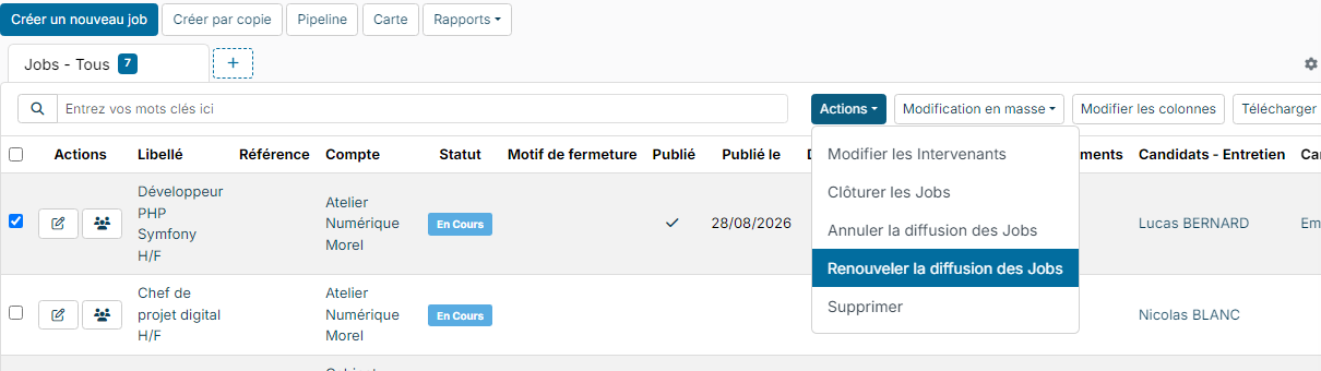 Action Renouveler la diffusion des Jobs dans la liste des jobs