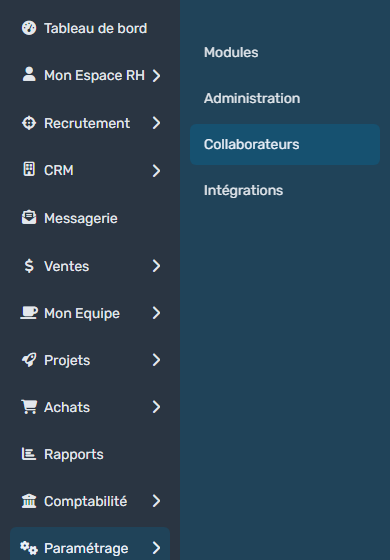 Side menu: Customizing section opened with the employees entry