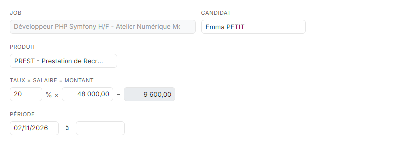 Window to add an invoice from a job: hired candidate, PREST material, Rate × Salary = Amount (20% × 48,000 = 9,600) and period