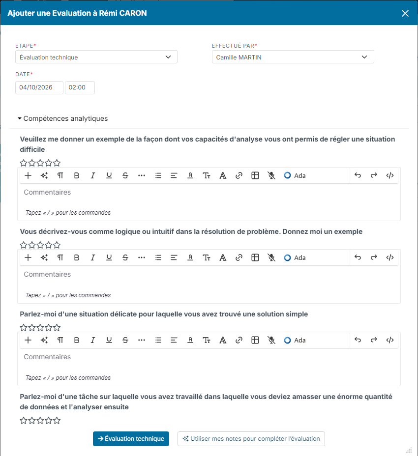 Fenêtre Ajouter une Evaluation à Rémi CARON avec les questions du formulaire d'évaluation