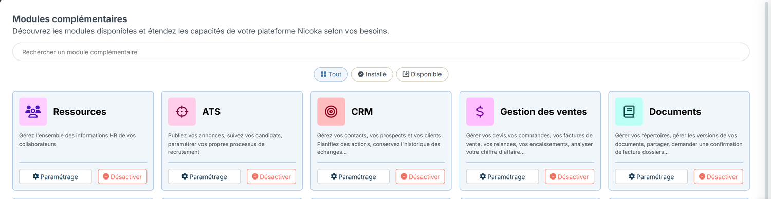 Page Modules complémentaires : carte ATS et bouton Paramétrage
