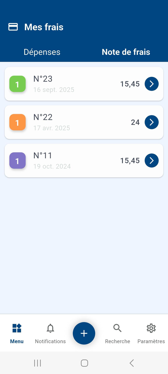 Expense report tab: list of expense reports with their amounts