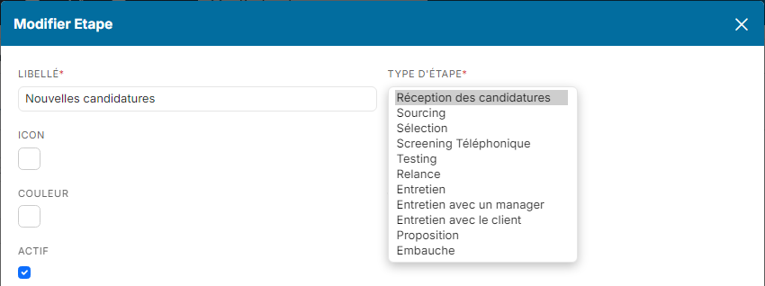 Liste des types d'étapes dans la fenêtre d'une étape