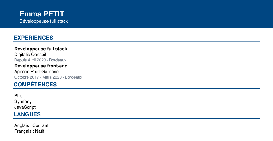 Resume generated for a fictitious candidate: name, experiences, skills and languages; the empty Education section is hidden