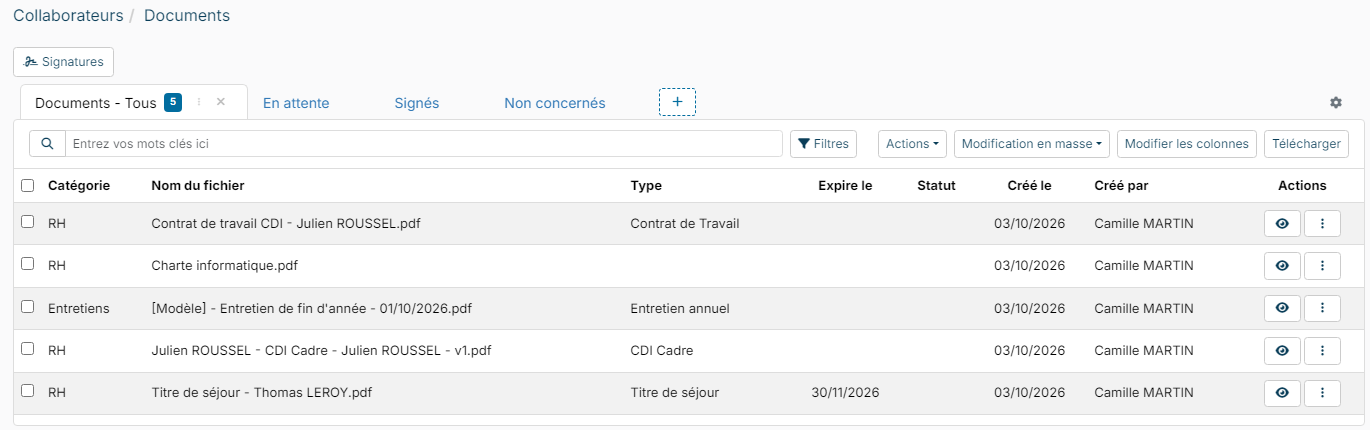 List of all employee documents with the variant tabs and the Signing button