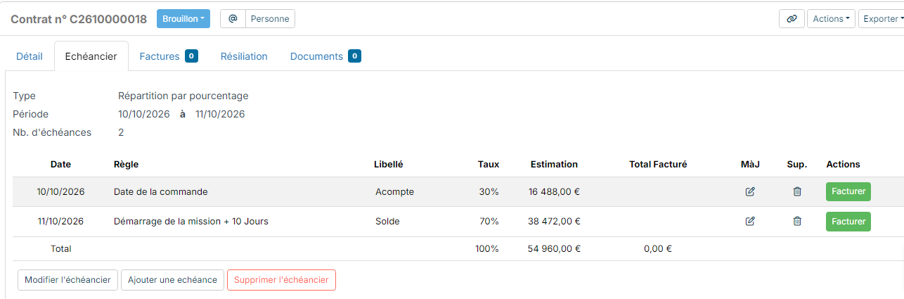 Billing schedule of an order generated by the mode: 30% deposit dated on the order day, 70% balance dated on the mission start plus ten days