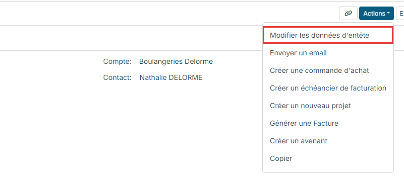 Menu Actions, Modifier les données d'entête