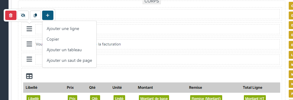 Barre d'outils d'une ligne du corps avec le menu Ajouter une ligne, Copier, Ajouter un tableau et Ajouter un saut de page