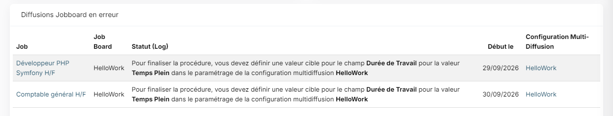 Widget Diffusions Jobboard en erreur