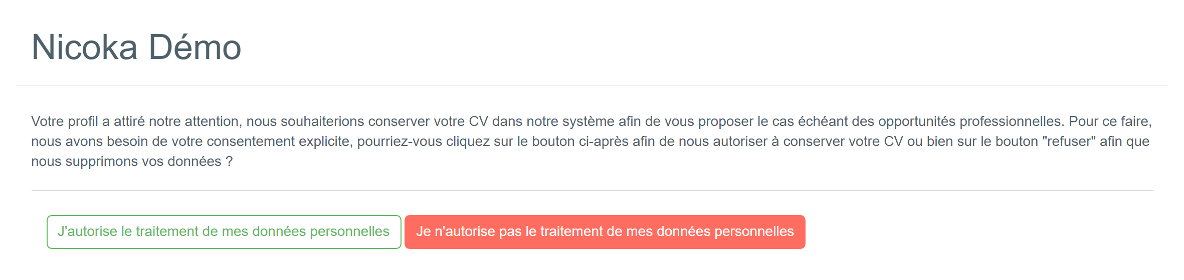 Page de consentement présentée au candidat, avec les boutons d'acceptation et de refus