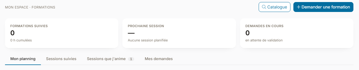 Espace Mes Formations : chiffres clés, boutons Catalogue et Demander une formation, et onglets