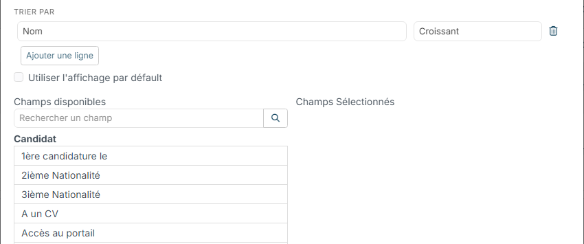 Use default layout box unchecked, with the Available fields and Selected fields lists