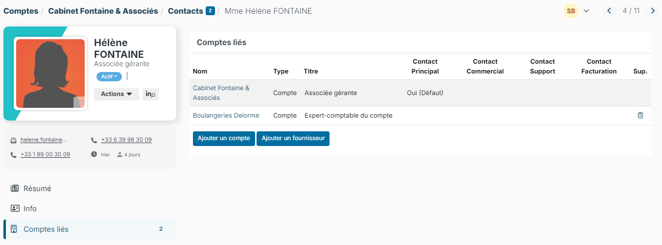 Linked accounts tab of a contact linked to two accounts, with the buttons to add a customer or a supplier