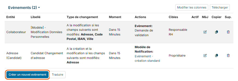 List of events and Create a new event button