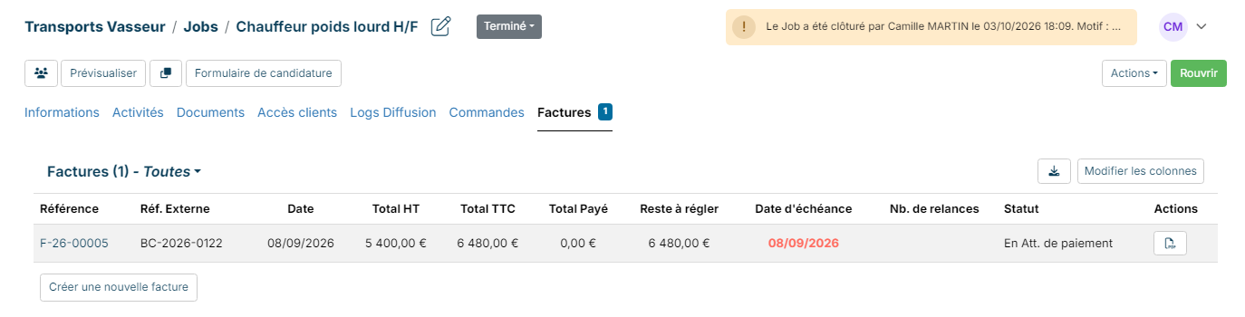 Invoices tab of a job with one invoice and the button to create a new invoice