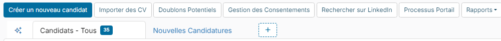 Boutons en haut de la liste Tous les Candidats, dont Doublons Potentiels