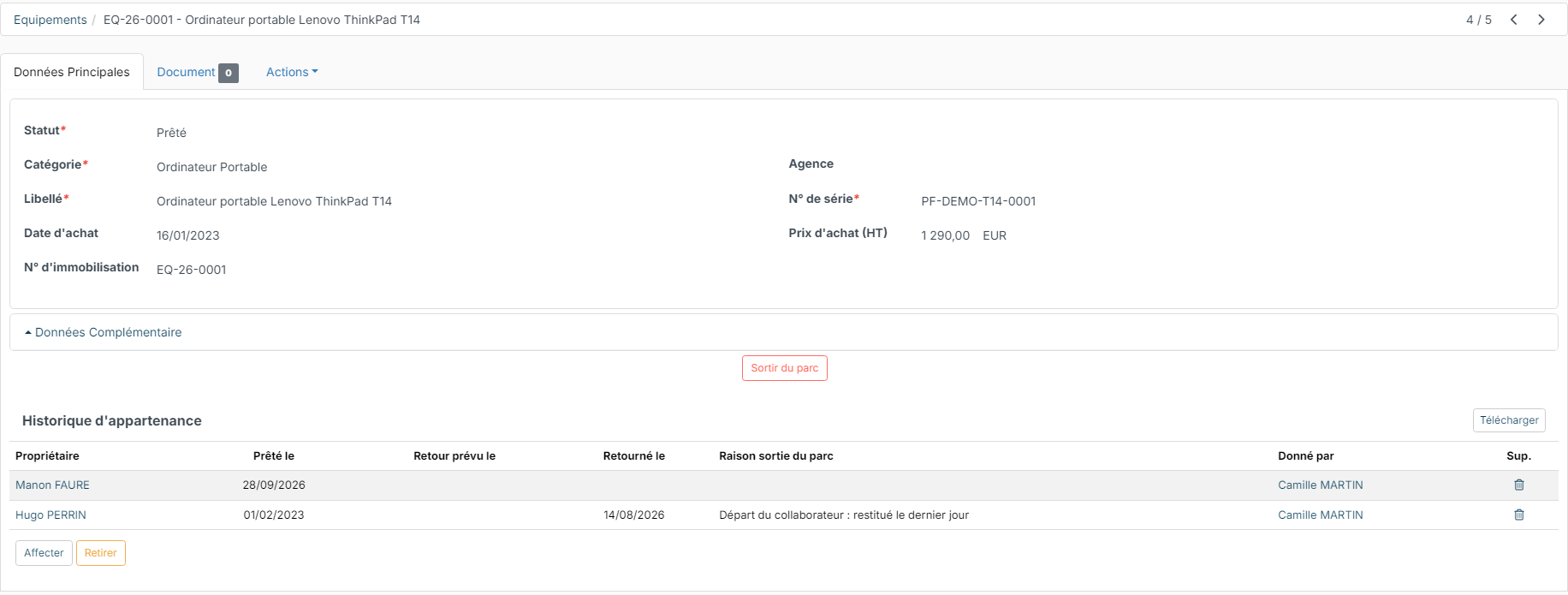 Asset sheet with its ownership history and the Assign and Return buttons
