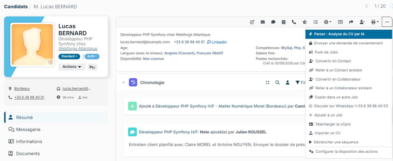 Fiche candidat, menu Autre Actions ouvert sur Parser : Analyse du CV par IA