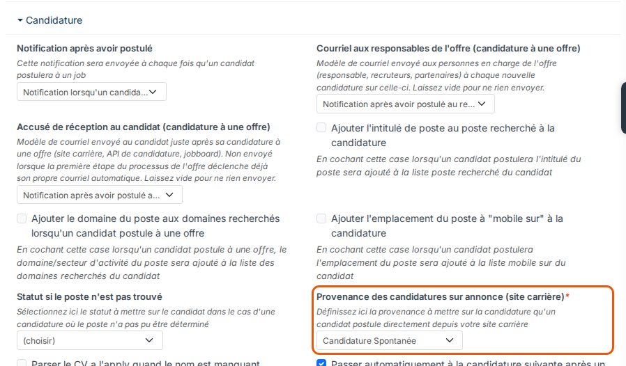 Point Provenance des candidatures sur annonce (site carrière), section Candidature
