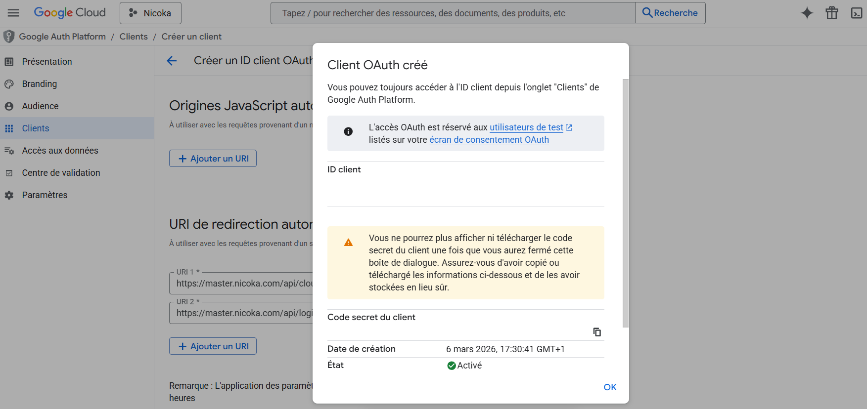 OAuth client created window