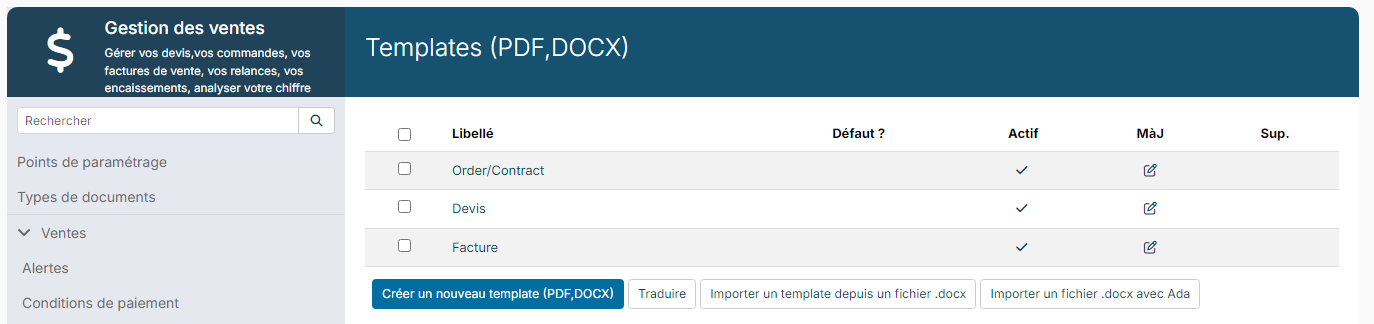 Liste des templates (PDF,DOCX) de la Gestion des ventes avec le modèle Facture