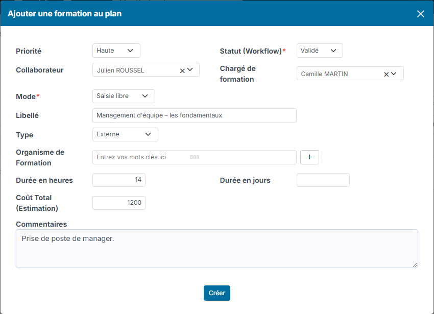 Fenêtre Ajouter une formation au plan, avec priorité, statut, collaborateur, chargé de formation, mode, type, durée et coût
