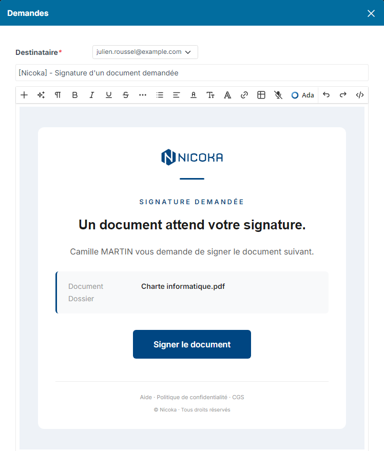 Pre-filled signing request email with the recipient, the subject and the Sign Document button