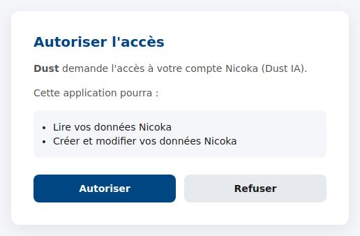 Écran Autoriser l'accès de Nicoka : Dust demande l'accès au compte Nicoka Dust IA