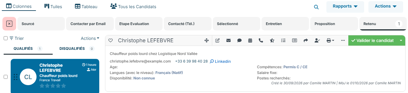 Page d'un job en affichage Colonnes : étape Retenu ouverte et bouton Valider le candidat