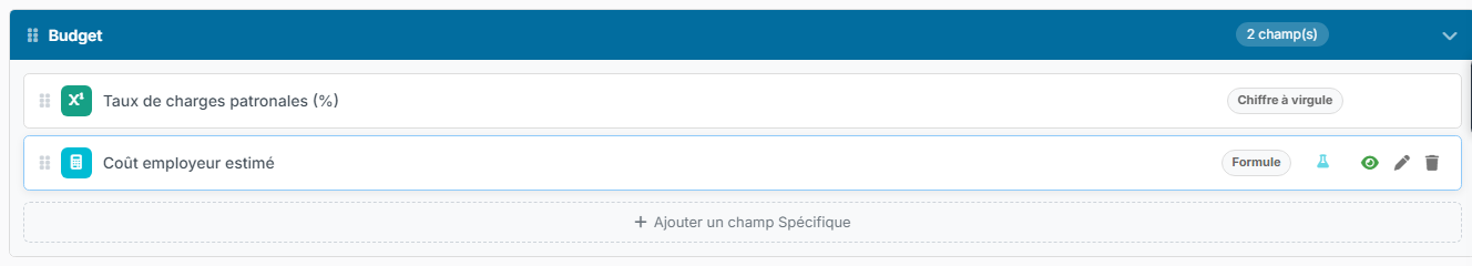 Section Budget avec le champ Taux de charges patronales et le champ formule Coût employeur estimé, son icône fiole
