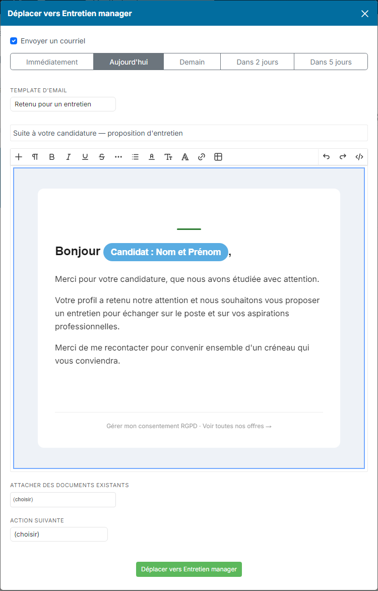 Fenêtre Déplacer vers Entretien manager avec l'email pré-rempli à partir du template de l'étape