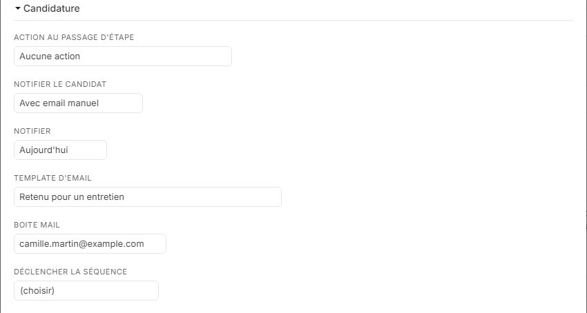 Section Candidature avec Avec email manuel, le moment d'envoi, le template d'email et la boîte mail