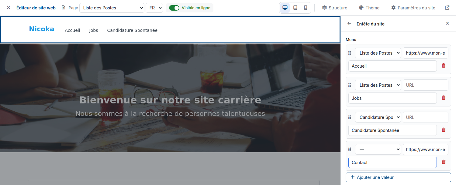 Panneau Entête du site : chaque ligne du menu a une page, une URL et un libellé