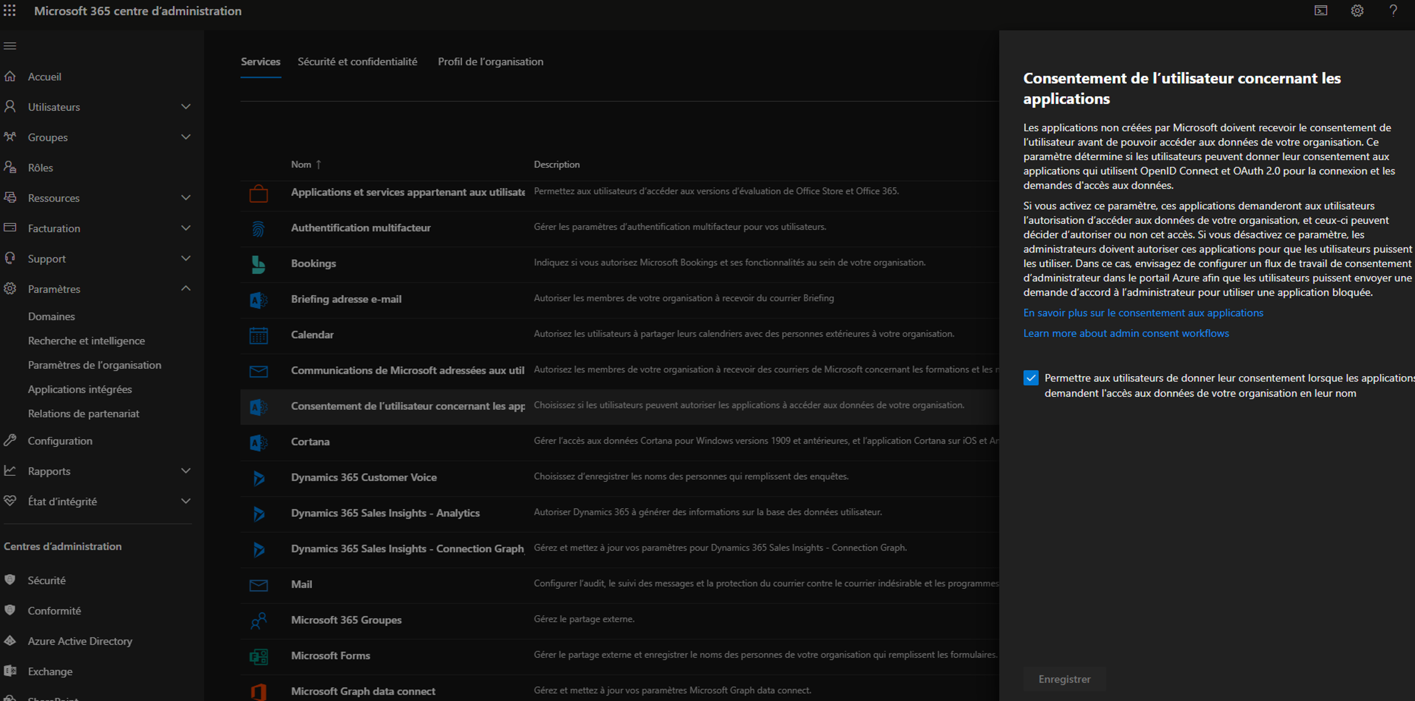 Microsoft 365 admin center, user consent to apps setting