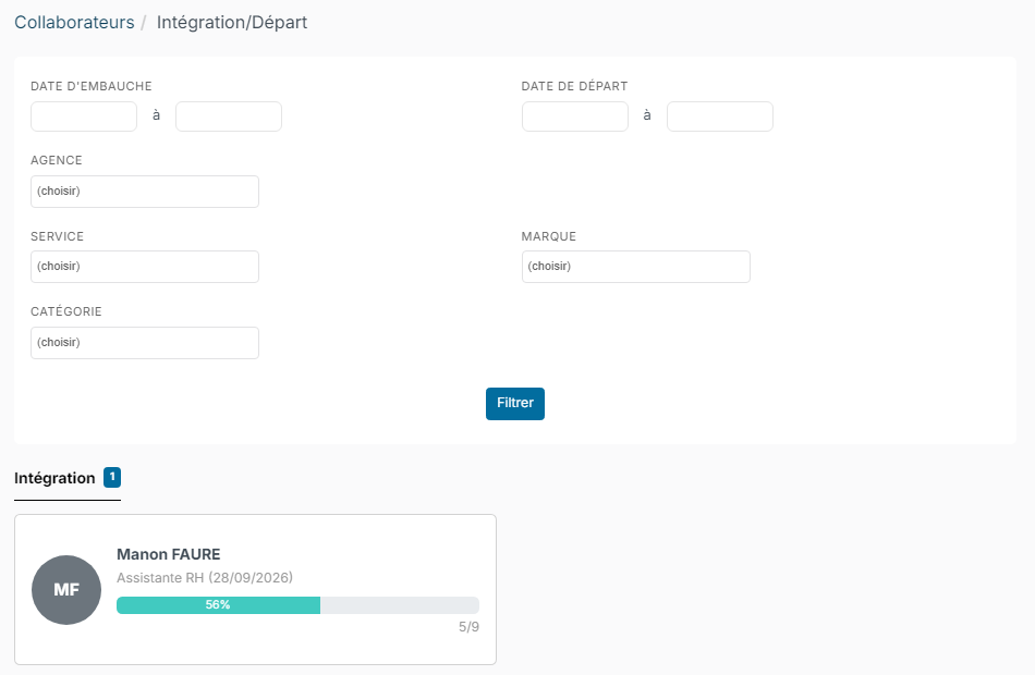 Onboarding/Offboarding screen: progress of a new employee's onboarding
