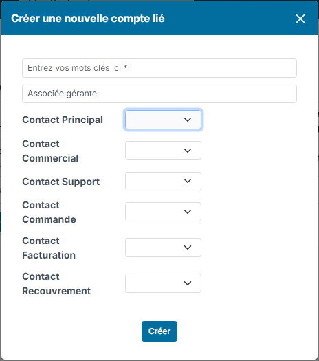 Linked account creation window: account search, title and contact roles