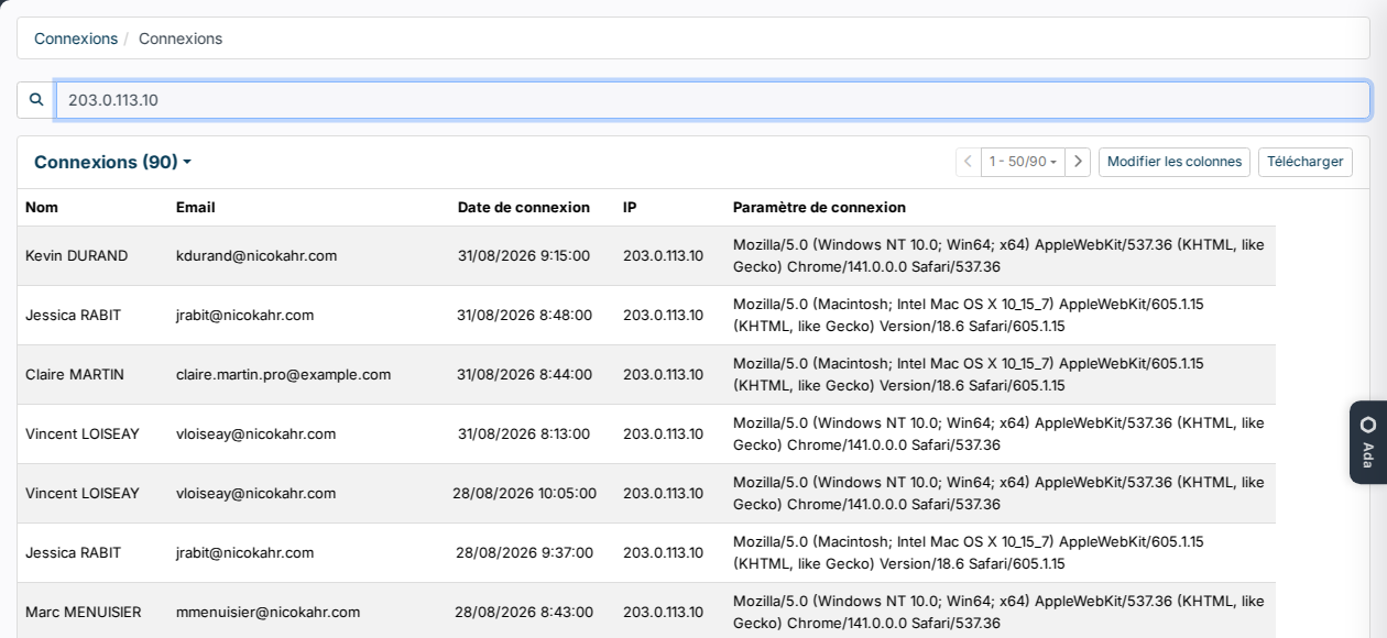 Liste de toutes les connexions filtrée sur une adresse IP