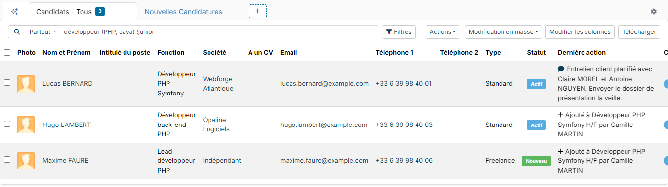 Résultat de la recherche développeur (PHP, Java) !junior : trois candidats