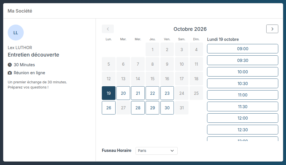 Page de réservation : le calendrier du mois et les horaires libres du jour choisi