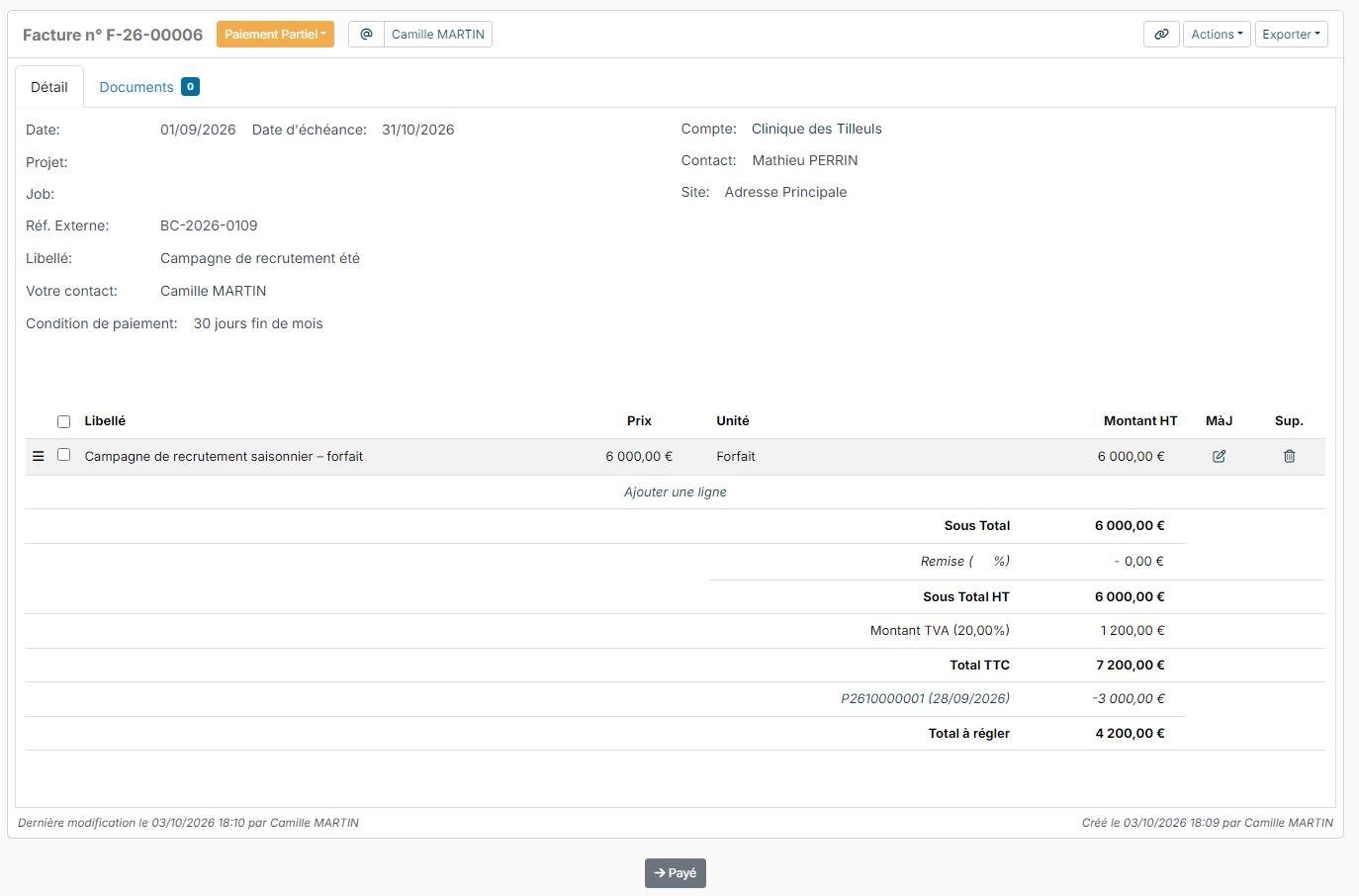 Invoice in Partially Paid status: a €3,000 payment and €4,200 left to pay