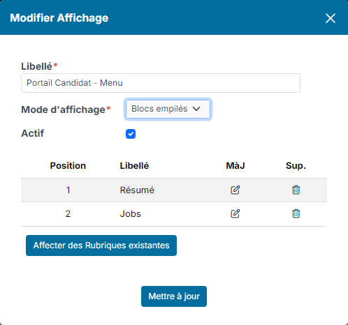 Fenêtre Modifier Affichage de l'affichage Portail Candidat - Menu