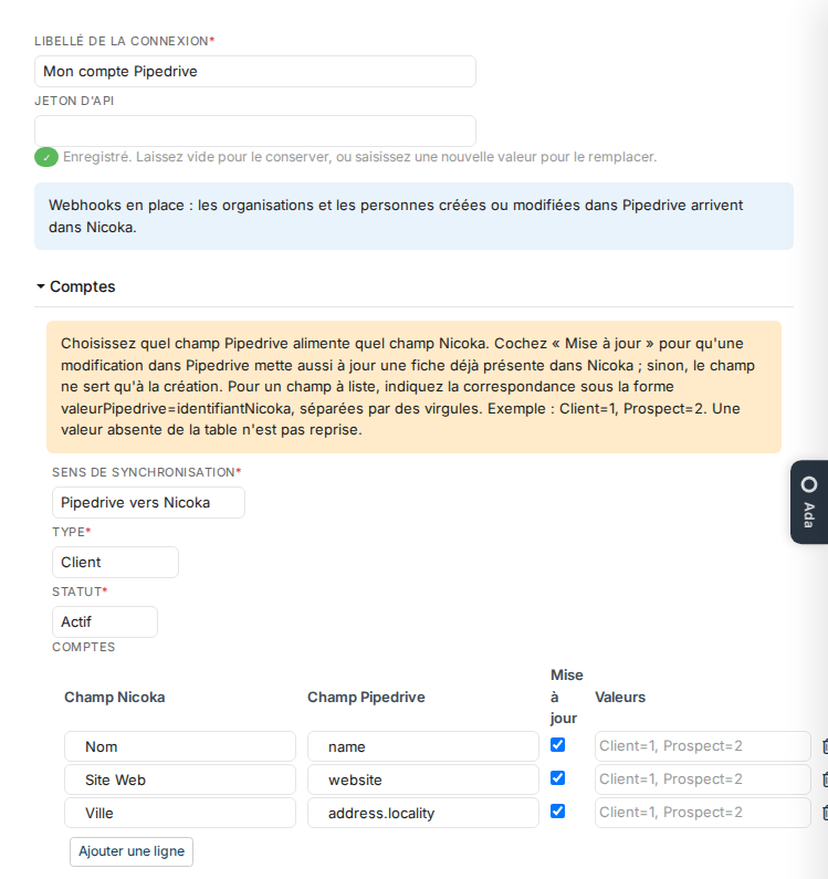 Fenêtre de configuration du compte Pipedrive : abonnements en place, section Comptes avec le sens, le type, le statut et la correspondance des champs