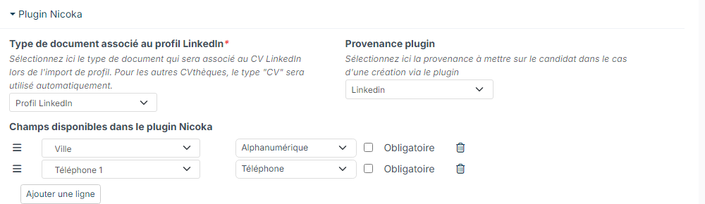Section Plugin Nicoka des points de paramétrage de l'ATS avec le champ Ville dans les champs disponibles du plugin