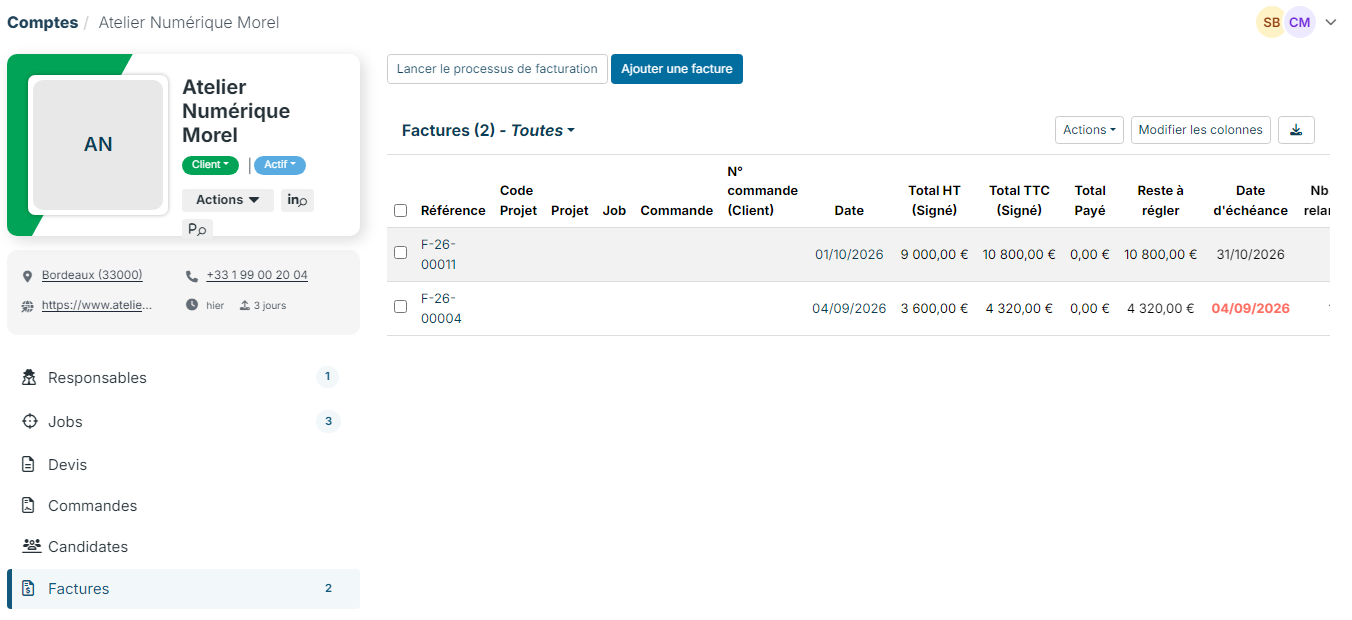 Invoices tab of a customer account with the Launch invoicing process button