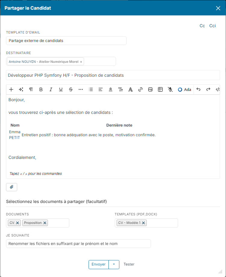 Fenêtre Partager le Candidat ouverte depuis un job : contact principal en destinataire et sujet reprenant l'intitulé du job
