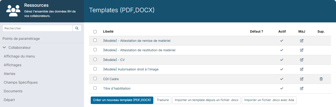 List of document templates of the Resources module with the create and import buttons