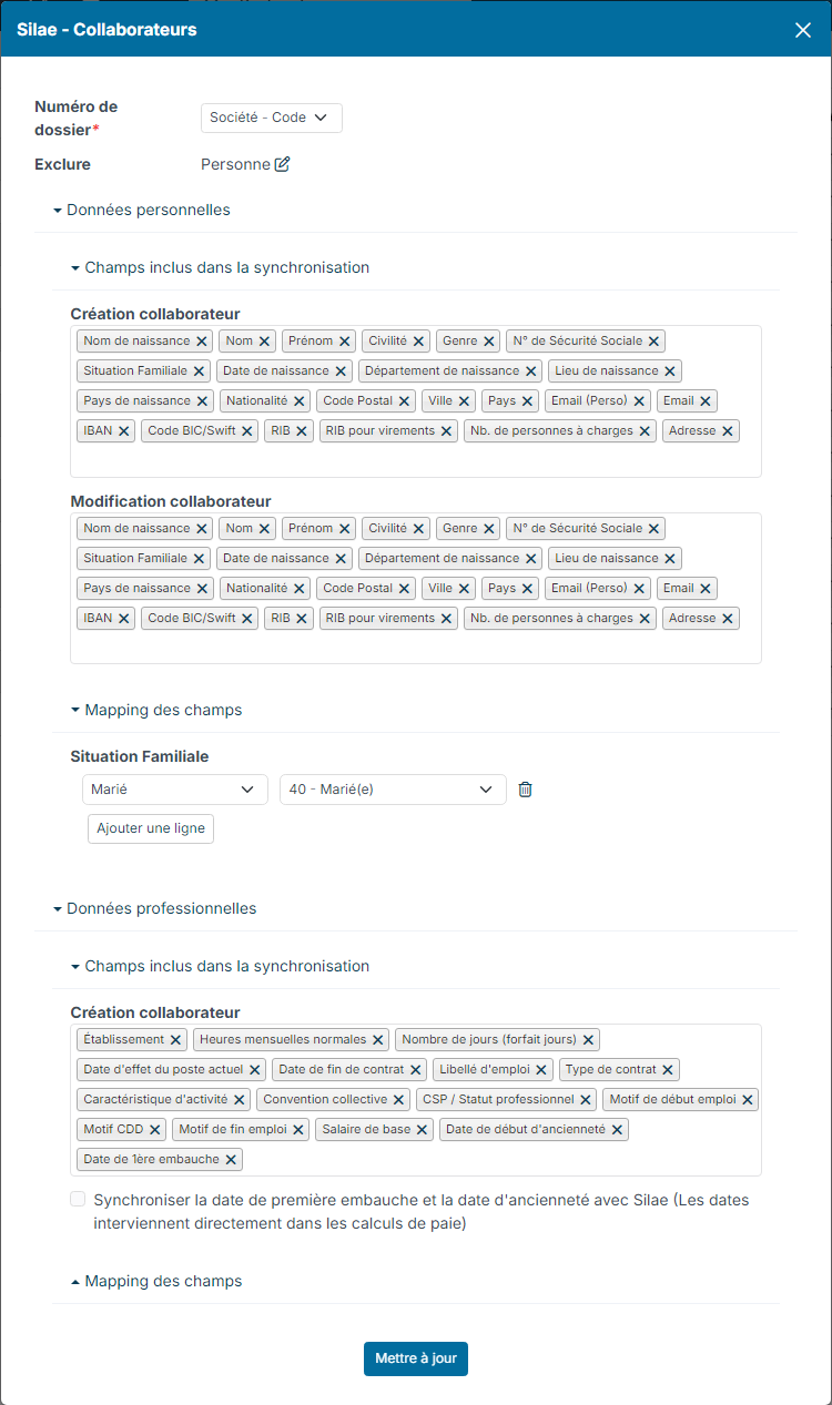 Paramétrage du service Silae des collaborateurs : numéro de dossier, exclusions, données personnelles et professionnelles