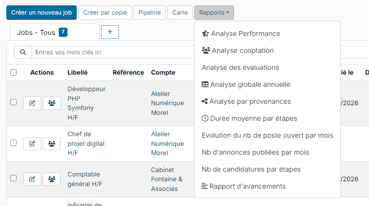Menu Rapports de la liste des jobs