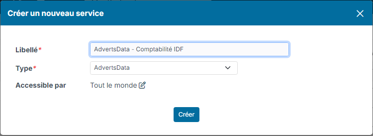 Fenêtre Créer un nouveau service avec le type AdvertsData